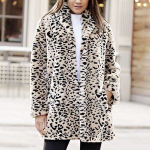 Brown Cheetah Shawl-Collar Faux-Fur Car Coat - Wom